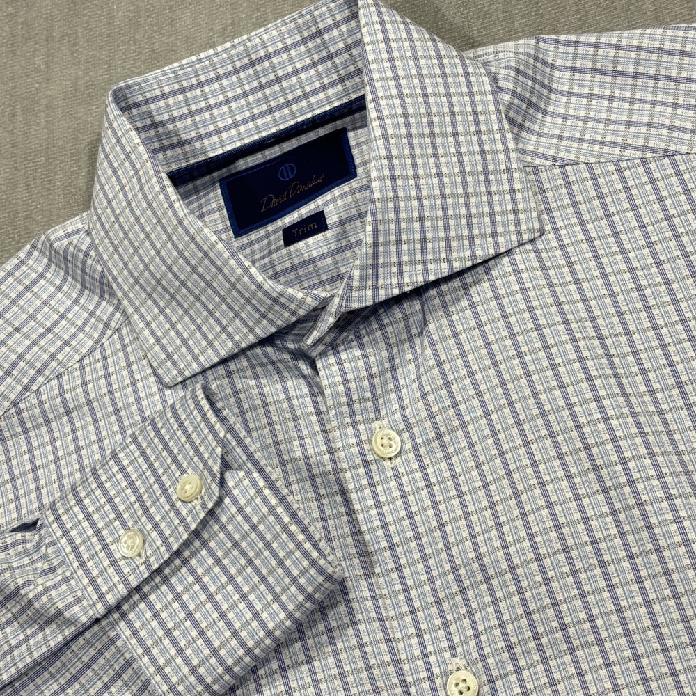 David Donahue Dress Shirt Mens 15.5/32/33 Blue White Plaid Trim Fit Work Career
